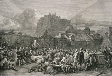 Eine Menschenmenge steht Schlange, um 1638 vor dem Greyfriars Churchyard in Edinburgh den National Covenant zu unterzeichnen, aus „Scottish Pictures“, veröffentlicht von der Religious Tract Society, 1886